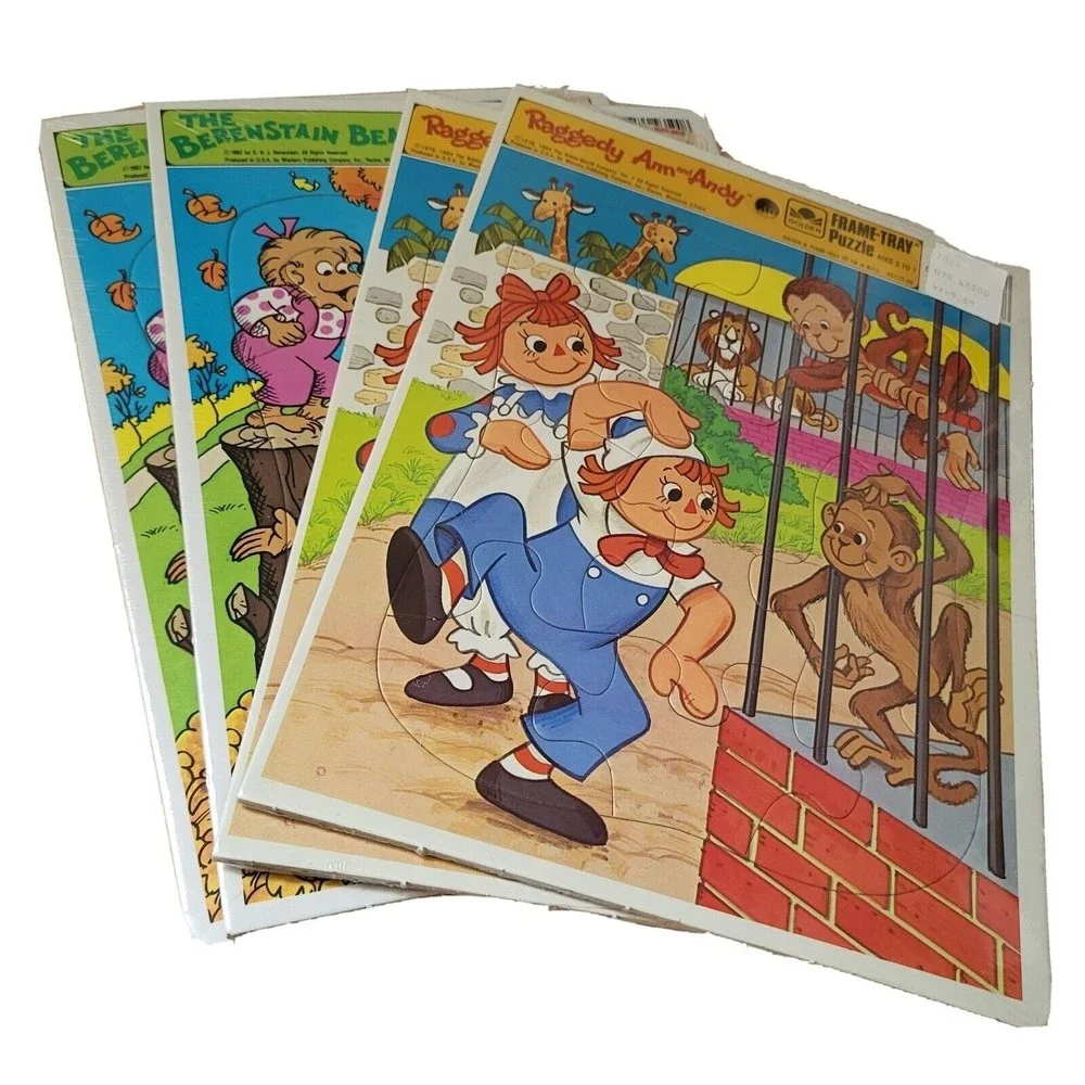 Vintage 80s Raggedy Ann and Andy Puzzle Berenstain Bears Frame-Tray Lot Of 4